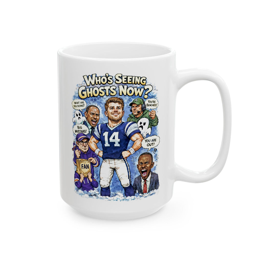 "Who's Seeing Ghosts Now?" – Funny Cartoon Coffee Cup (15oz)